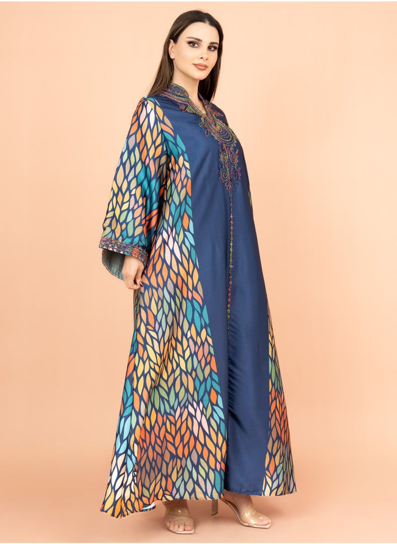 IKKXA Mandarin Collar Embroidered Jalabiya IK1013 Blue  - Image 3