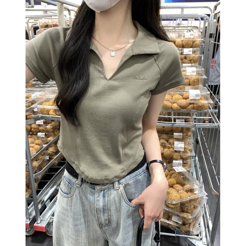 Chic Irregular Hemline Fishbone Polo Neck Womens Summer Tee Green 