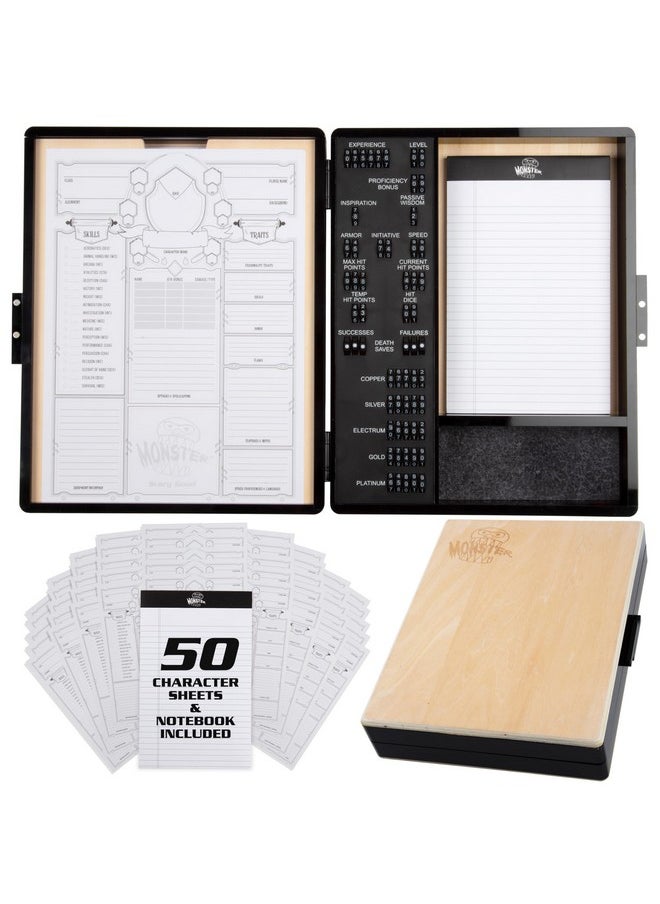 مونستر بروتكتورز حافظة Monster Wooden Deluxe DND Stat Tracker - متوافقة مع Dungeons and Dragons - تتبع إحصائيات الشخصية وهجماتها وقدراتها - غطاء أكريليك قابل للإزالة - يوفر الوقت ومتعة اللعب، هدية عيد الميلاد  - Image 1