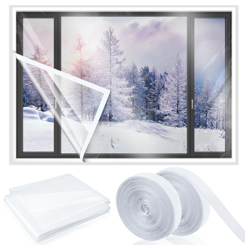 Beeveer 75 x 79 Inch Window Insulation Kit Cuttable Transparent Film with Adhesive Straps Reusable Window Plastic for Winterizing Thicken Thermal Waterproof Attic Insulation Cover Warm Winter