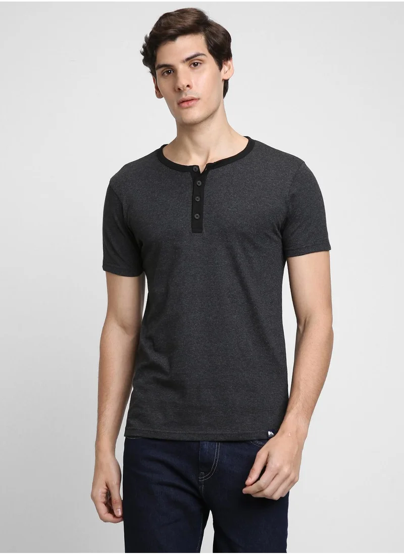 Dennis Lingo Men's Dark Grey 100% Cotton Solid Regular Fit T-Shirt