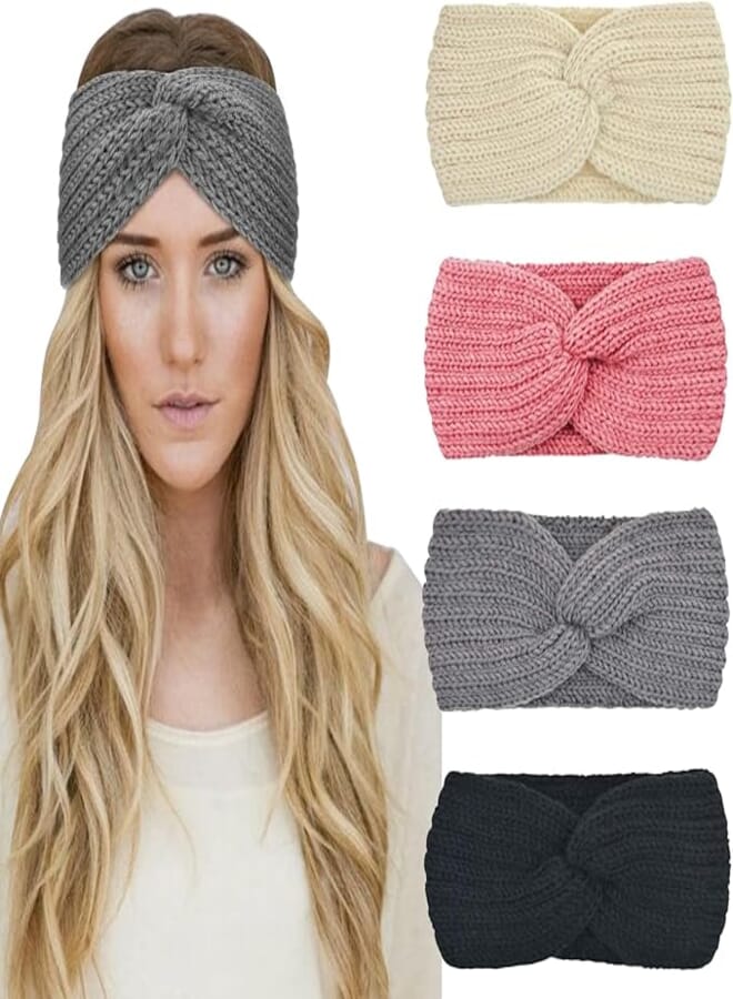 DRESHOW 4 Pack Crochet Knit Turban Headband Warm Bulky Crocheted Head Wrap Headband Ear Warmer for Women