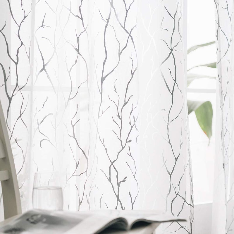 FINECITY Silver White Sheer Curtains 108 Inches Long 2 Panels Metallic Silver Foil Branches Tree Pattern Sheer Curtains for Living Room Rod Pocket Privacy Sheer Window Curtains 52 x 108 Inch