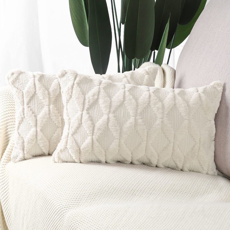 Madizz Set of 2 Soft Plush Short Wool Velvet Decorative Cushion Covers Luxury Style Throw Pillow Cases European Pillow Shell for Sofa Bedroom Rectangular Beige 16x24 inch 40x60 cm