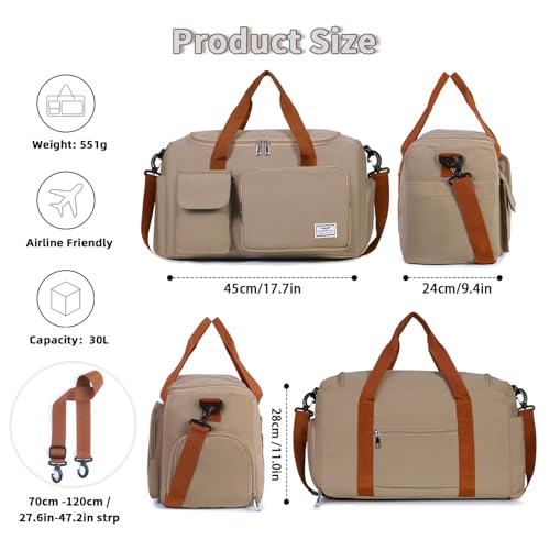 FIORETTO Womens Gym Duffle Bag with Shoes Compartment 30L Capacity Ideal for Travel Gym Sports Duffel Weekender Khaki - Image 3