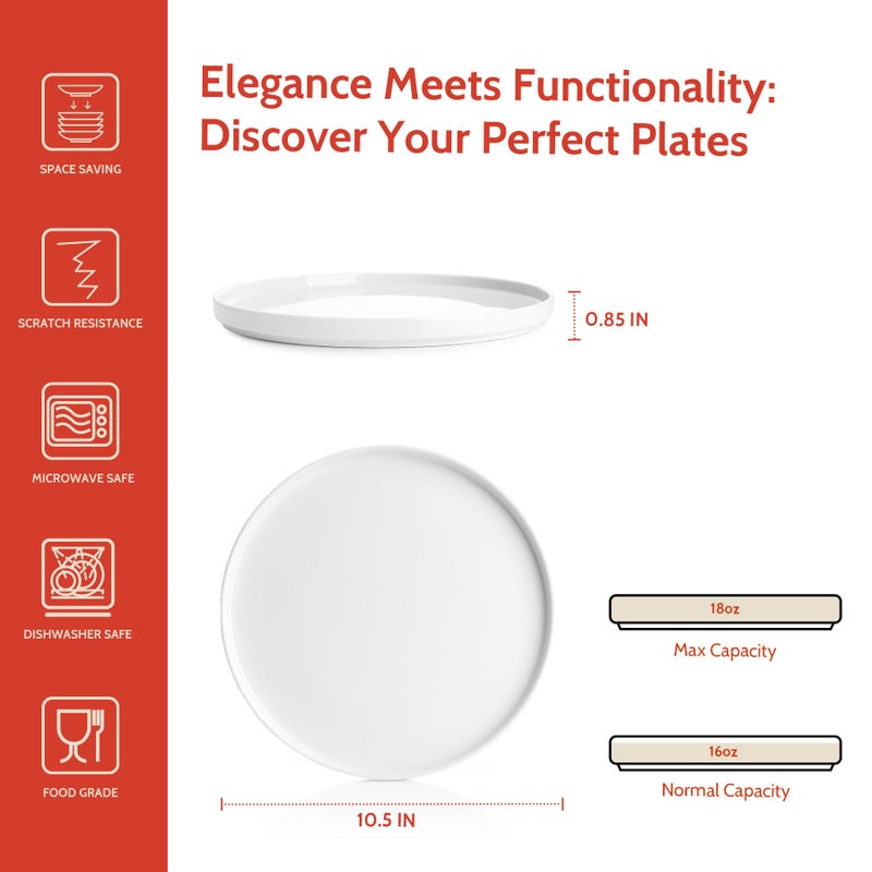Sweese Porcelain Flat Dinner Plates Set of 6, 10.5 Inch High Edge Dish Set - Dishwasher, Microwave, Oven Safe, Scratch Resistant, Kitchen Serving Dishes - Elegant White Glaze - Image 2