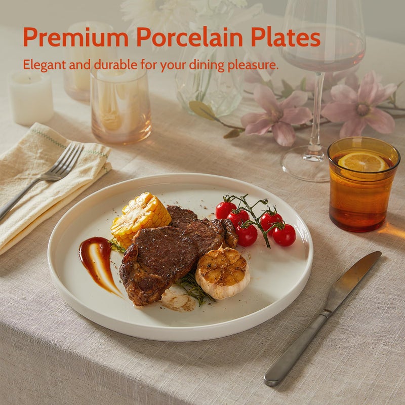 Sweese Porcelain Flat Dinner Plates Set of 6, 10.5 Inch High Edge Dish Set - Dishwasher, Microwave, Oven Safe, Scratch Resistant, Kitchen Serving Dishes - Elegant White Glaze - Image 3