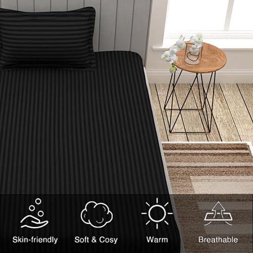 Filymore Satin Stripe Black Bedsheet for Single Bed (90x60 inches) with One Pillow Covers, Made with 300 TC Microfiber Solid Satin Striped Design, Perfect for Single, Bed Size. - Image 2