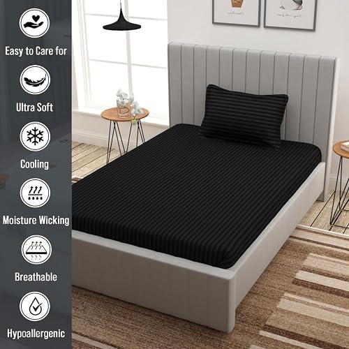 Filymore Satin Stripe Black Bedsheet for Single Bed (90x60 inches) with One Pillow Covers, Made with 300 TC Microfiber Solid Satin Striped Design, Perfect for Single, Bed Size. - Image 3
