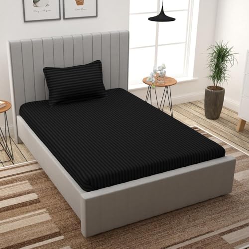 Filymore Satin Stripe Black Bedsheet for Single Bed (90x60 inches) with One Pillow Covers, Made with 300 TC Microfiber Solid Satin Striped Design, Perfect for Single, Bed Size. - Image 1