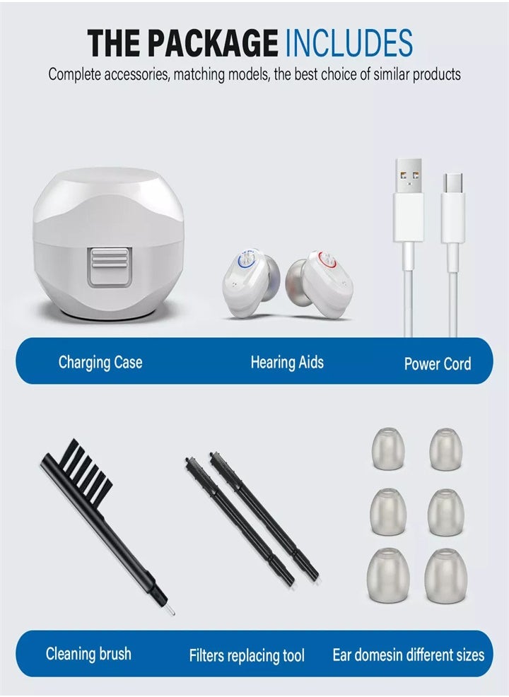 Generic - Rechargeable Noise Cancelling Elderly Hearing Aid, Hearing Amplifier for Adults with Severe Hearing Loss, 16-Channel Digital Chip Sound Processing, with Magnetic Contact Charging Case (White) - Image 1