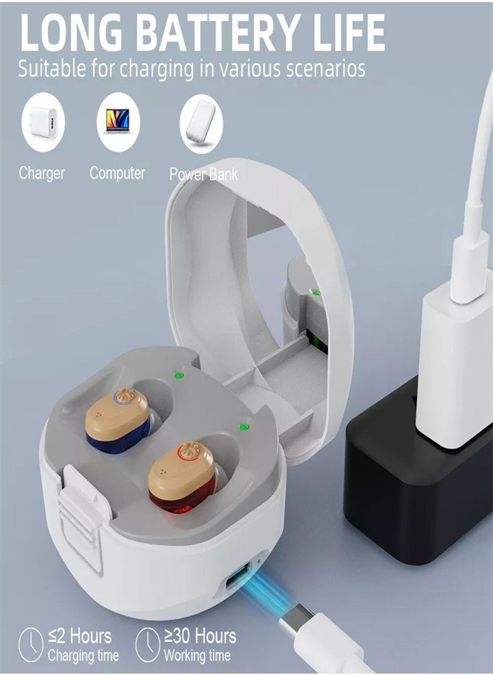 Generic - Rechargeable Noise Cancelling Elderly Hearing Aid, Hearing Amplifier for Adults with Severe Hearing Loss, 16-Channel Digital Chip Sound Processing, with Magnetic Contact Charging Case (White) - Image 1