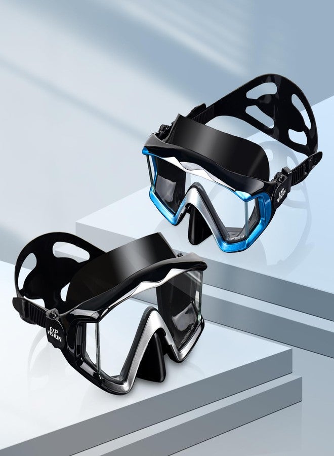 EXP VISION قناع غوص سكوبا للكبار من بانو 3، قناع غطس من الزجاج المقوى، قناع سباحة مضاد للضباب، نظارات سباحة مانعة للتسرب مع غطاء للأنف، معدات غطس للغطس الحر والسباحة (أسود + أزرق قطعتان) - Image 1