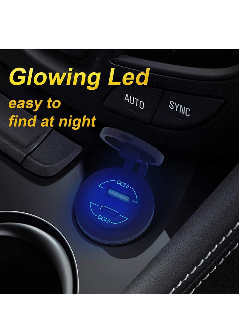 SYOSI Car Charger Socket, Quick Charge 3.0 Dual USB Outlet 36W 12V/24V Motorcycle with Touch Switch Fast with 10A Wire Fuse Waterproof for Truck Boat Bus Golf Cart (cyan-blue) - Image 3