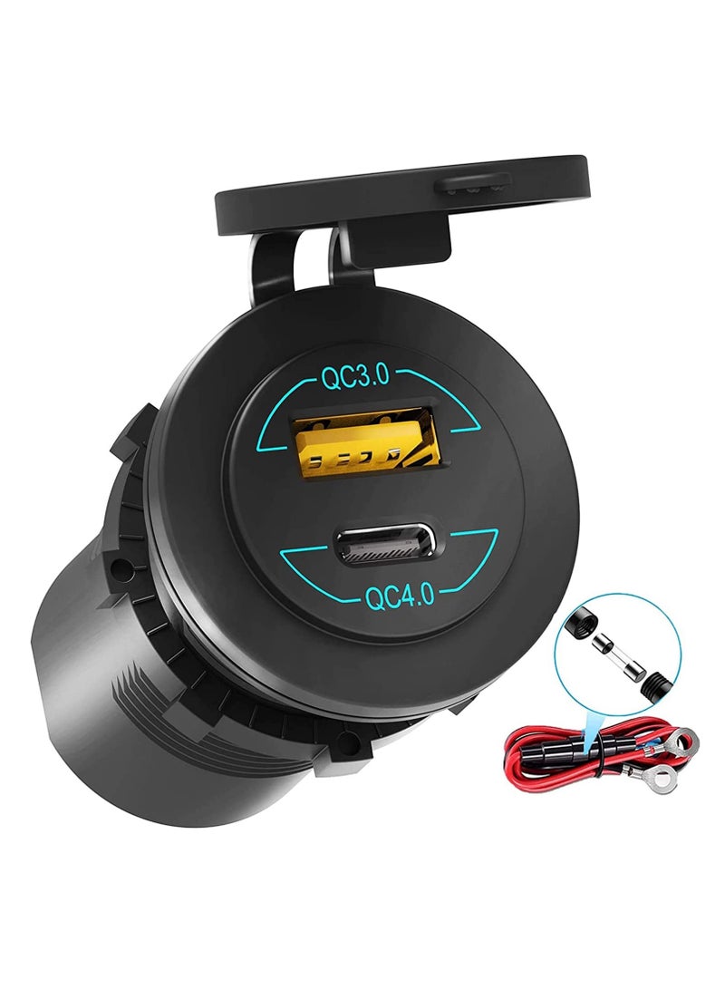 SYOSI Car Charger Socket, Quick Charge 3.0 Dual USB Outlet 36W 12V/24V Motorcycle with Touch Switch Fast with 10A Wire Fuse Waterproof for Truck Boat Bus Golf Cart (cyan-blue) - Image 1