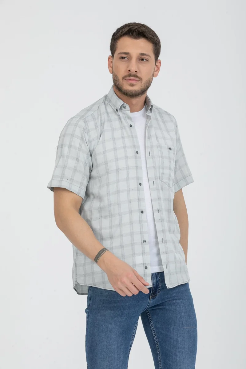 فاريتا Men's Gray Short Sleeve Checked Pocket Collar Buttoned Cotton Shirt