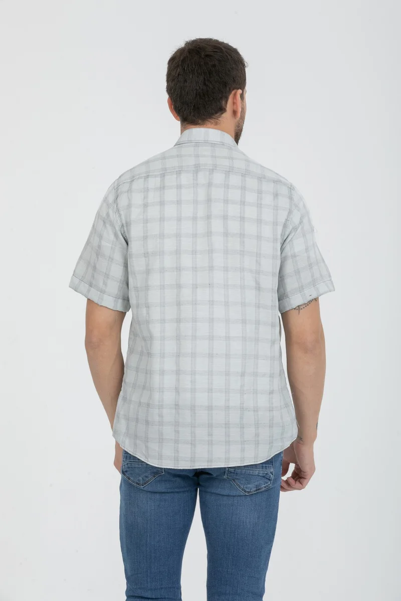 فاريتا Men's Gray Short Sleeve Checked Pocket Collar Buttoned Cotton Shirt