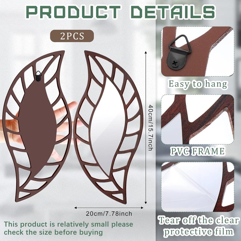 Roowest 2 Pcs Decorative Mirror Wall Decor Leaf Teardrop Mirror Wall Mounted Decorations for Living Room Bedroom Bathroom Vanity Entryway Office(Brown) - Image 2
