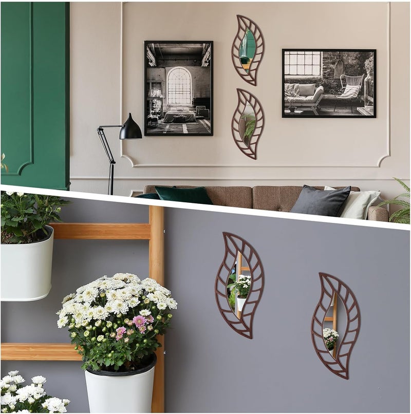 Roowest 2 Pcs Decorative Mirror Wall Decor Leaf Teardrop Mirror Wall Mounted Decorations for Living Room Bedroom Bathroom Vanity Entryway Office(Brown) - Image 4