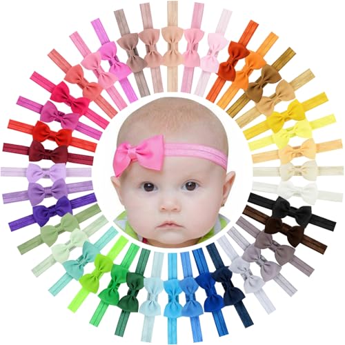 WillingTee 40 Colors Baby Girls Headbands Tiny Bows 275 Grosgrain Ribbon Hair Bow Hair Band Hair Accessories for Baby Girls Infants Toddlers Kids Newborns - Image 1