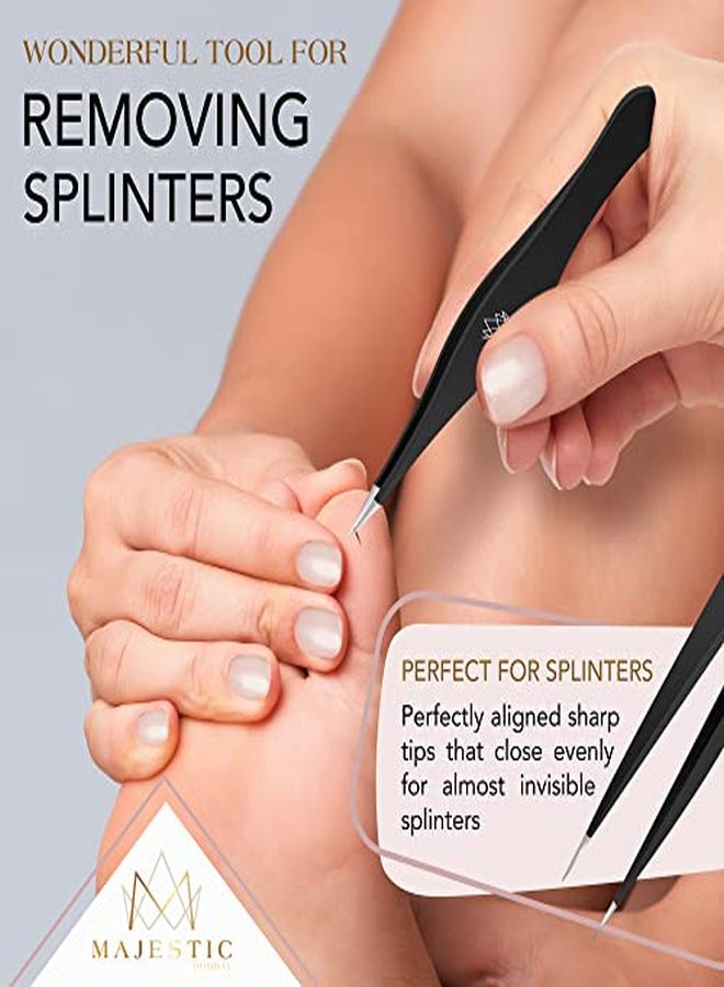 Majestic Bombay Rs For Ingrown Hair - Precision Sharp Needle Nose Pointed Tweezers For Splinters, Ticks & Glass Removal - Best For Eyebrow Hair, Facial Hair Removal (Black) - Image 3