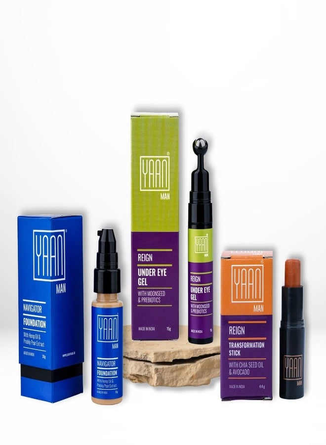 Yaan Man Reign Over Makeup Combo Set, Foundation, Under Eye Gel, Transformation Stick (Dark) - Image 1