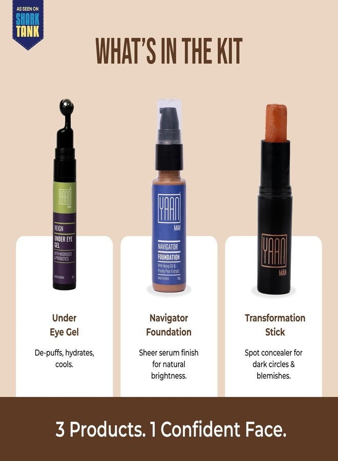 Yaan Man Reign Over Makeup Combo Set, Foundation, Under Eye Gel, Transformation Stick (Dark) - Image 3
