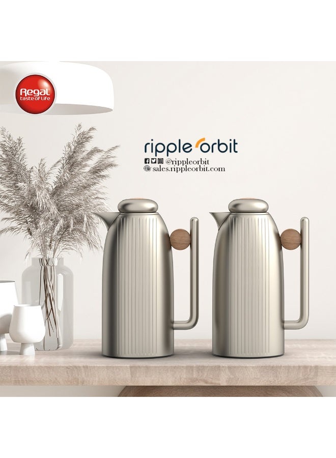 ريجال من ريبل طقم ترامس 1 لتر + 1 لتر عازل حراري – ستانلس ستيل مزدوج الجدار مع بطانة زجاجية، حافظ للقهوة والشاي الساخن والبارد (قطعتين) - Image 1