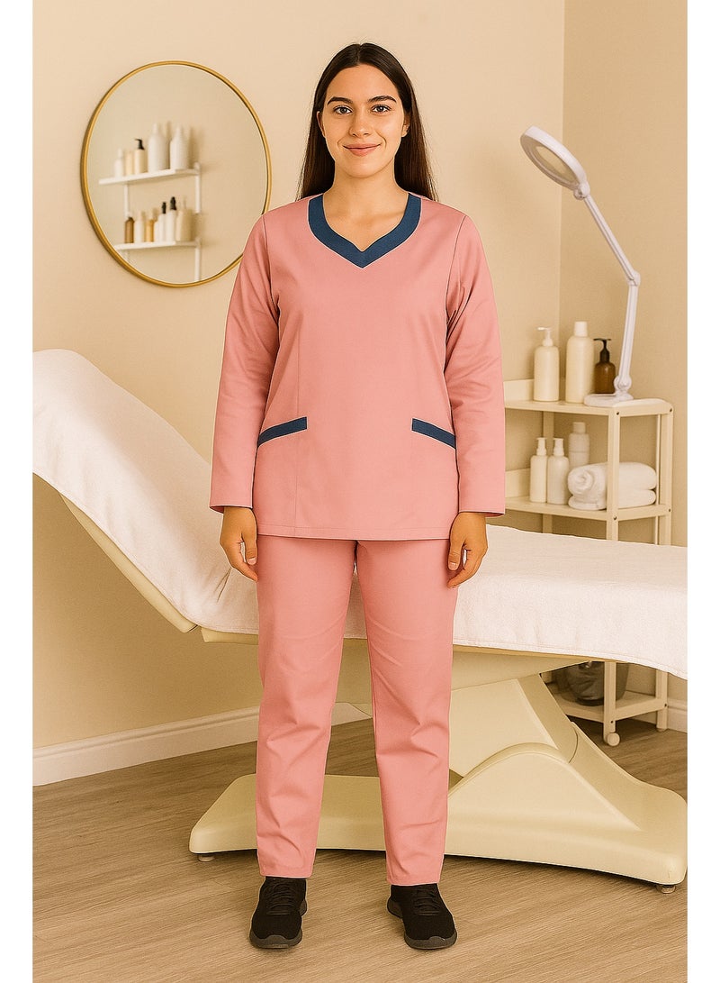 Rannah's Uniform Elegant Long Sleeve Pink Scrub Suit with Navy Accents–Professional and Comfortable - Image 3