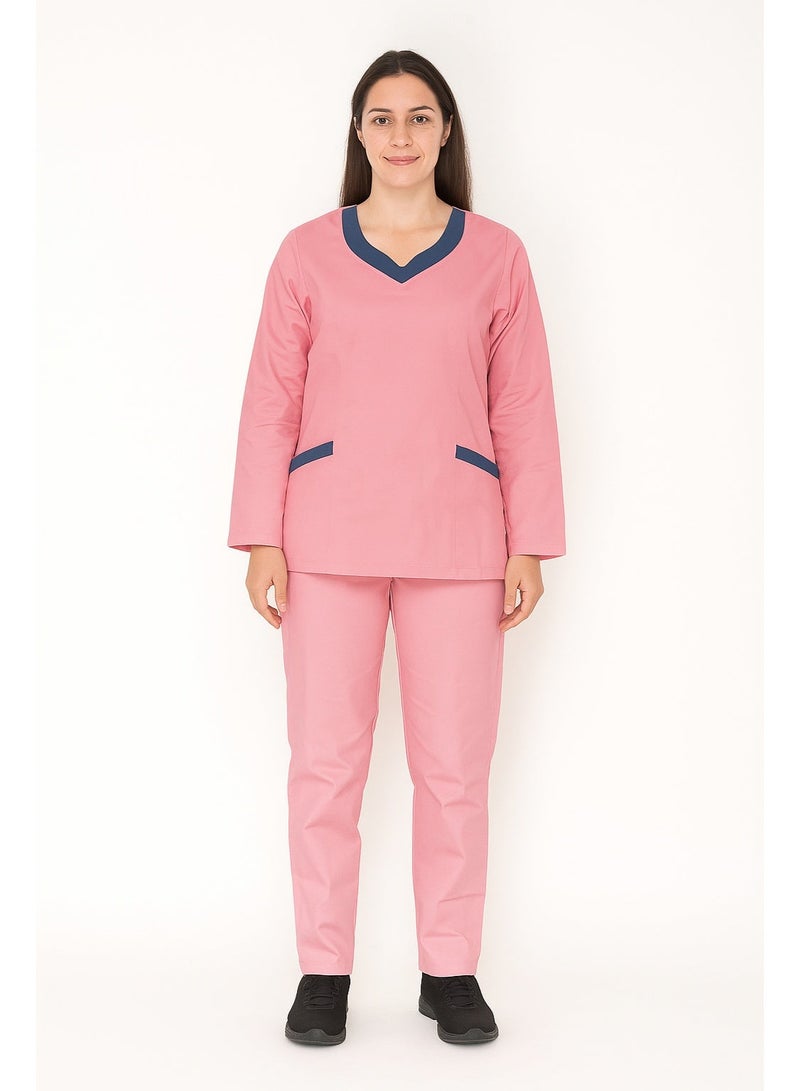 Rannah's Uniform Elegant Long Sleeve Pink Scrub Suit with Navy Accents–Professional and Comfortable - Image 1