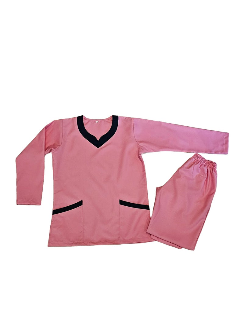 Rannah's Uniform Elegant Long Sleeve Pink Scrub Suit with Navy Accents–Professional and Comfortable - Image 1