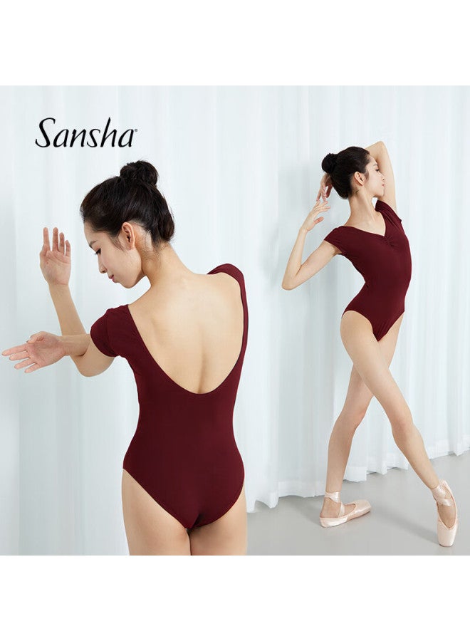 Sansha Sansha Adult V-neck Dance Practice Leotard, Short-sleeved, Backless, Ballet And Aerobics Costume, Ls3551, Jujube Red, Size L - Image 2