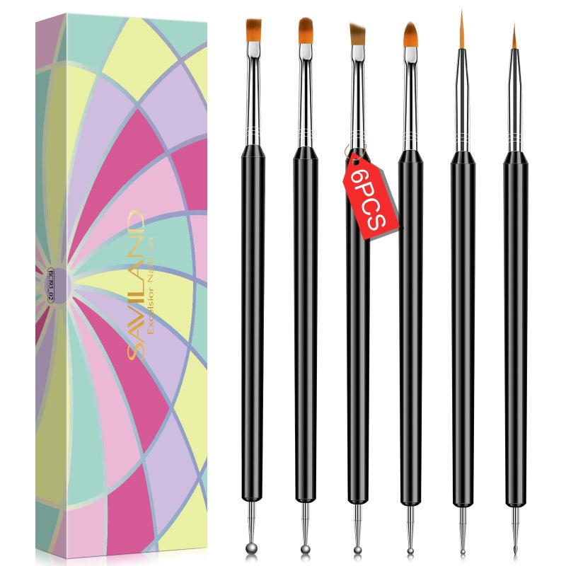 SAVILAND Nail Art Brushes Set - 6pcs Double-End Nail Art Tools Professional Nail Art Kit Dotting Tools Line Pen Painting Brushes for Gel Polish Nail Design French Manicure - Image 1