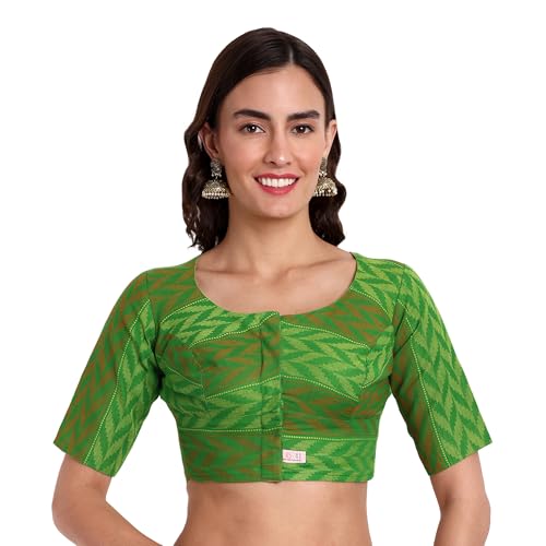 JISB Women's High Neck Cotton Self Design Saree Blouse (34, Green) - Image 1