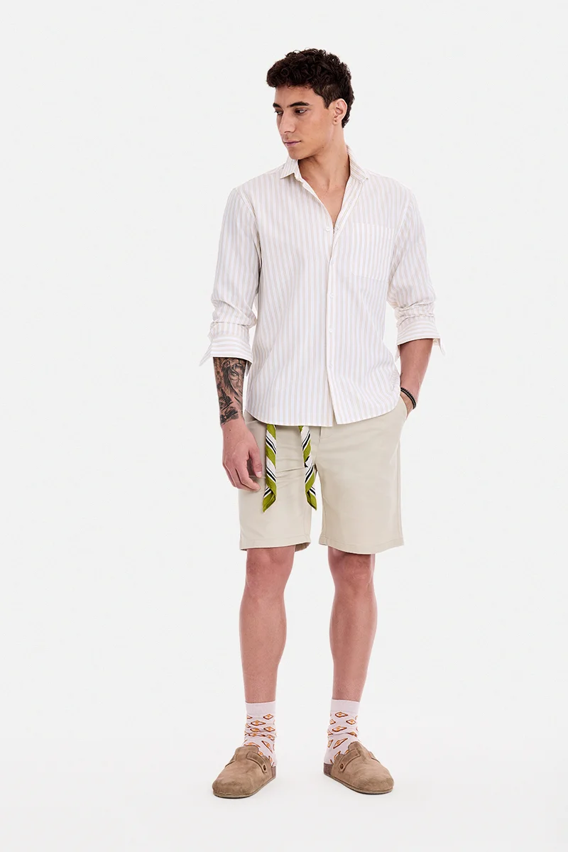 سنيتش Beige Striped Long Sleeve Regular Fit Shirt
