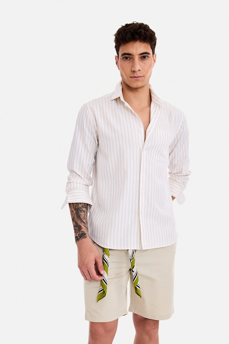 سنيتش Beige Striped Long Sleeve Regular Fit Shirt