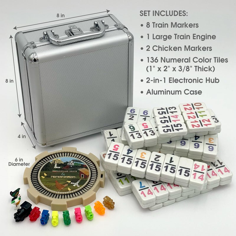 CHH Double 15 Numeral Pro Size Mexican Train & Chicken Domino Set in Aluminum Case â€“ 136 Multicolor Tiles â€“ Complete Set with Train Markers and Hub - Image 3