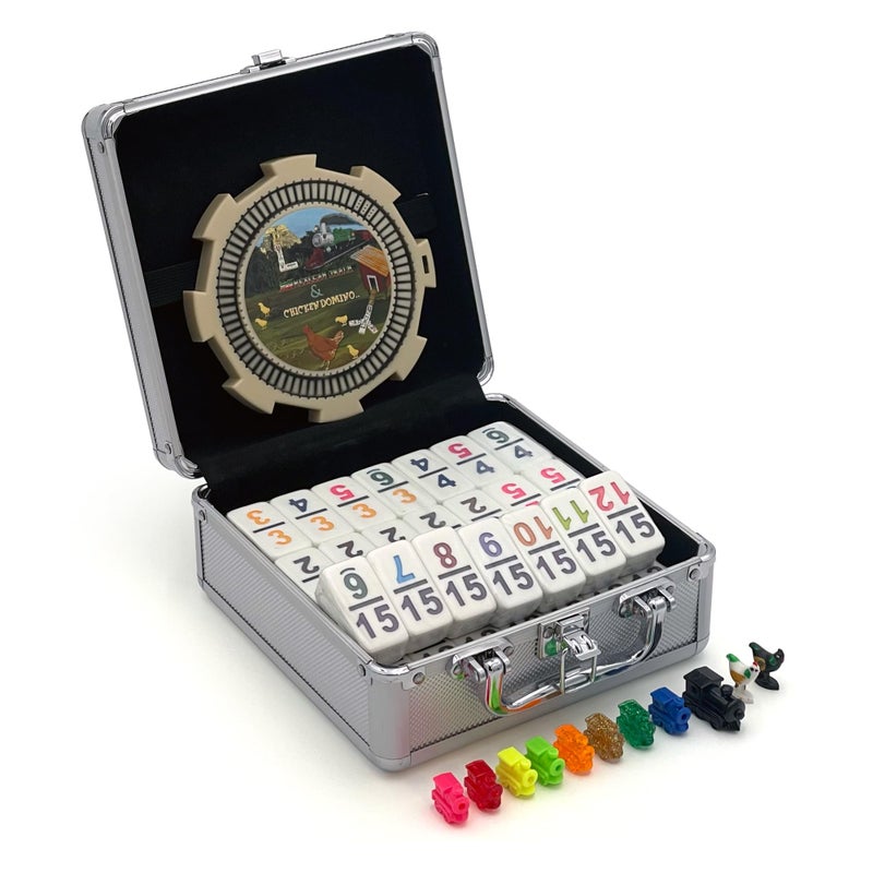 CHH Double 15 Numeral Pro Size Mexican Train & Chicken Domino Set in Aluminum Case â€“ 136 Multicolor Tiles â€“ Complete Set with Train Markers and Hub - Image 1