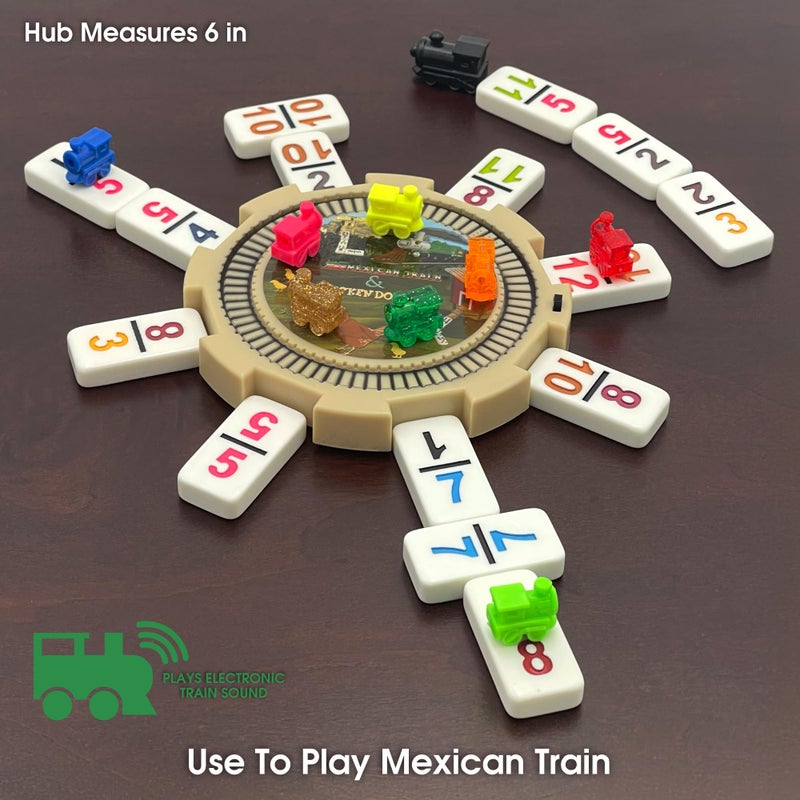 CHH Double 15 Numeral Pro Size Mexican Train & Chicken Domino Set in Aluminum Case â€“ 136 Multicolor Tiles â€“ Complete Set with Train Markers and Hub - Image 4