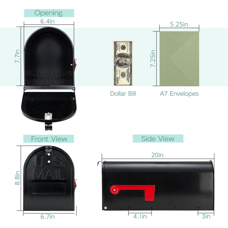 GIGYES Mailboxes for Outside Post Mount, Black Metal Mailbox, Standard Size, 20 x 8.7 x 6.7 Inches - Image 5