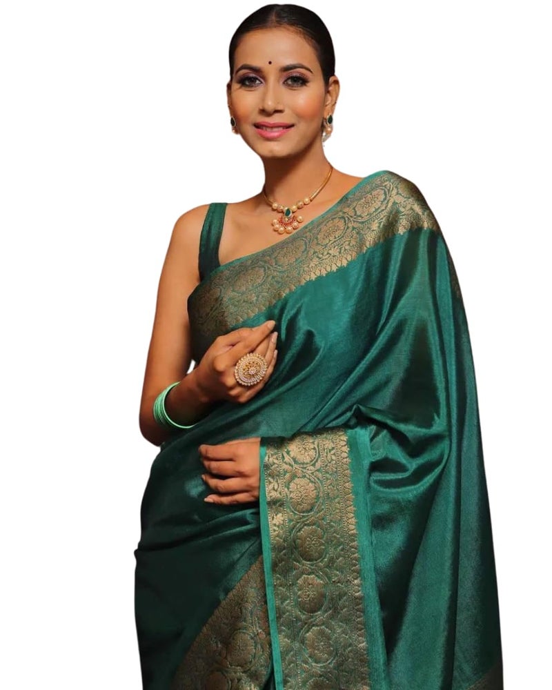 Vivatra Women Banarasi Soft Silk Saree | Jacquard Weaving with Rich Pallu & Border | Includ Matching Utitched Blouse Piece (VT-KP-6009-Green) - Image 2