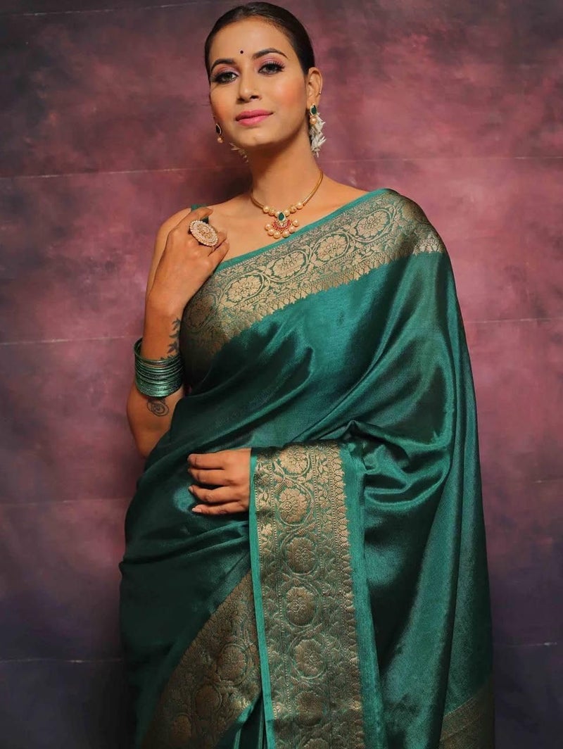 Vivatra Women Banarasi Soft Silk Saree | Jacquard Weaving with Rich Pallu & Border | Includ Matching Utitched Blouse Piece (VT-KP-6009-Green) - Image 3