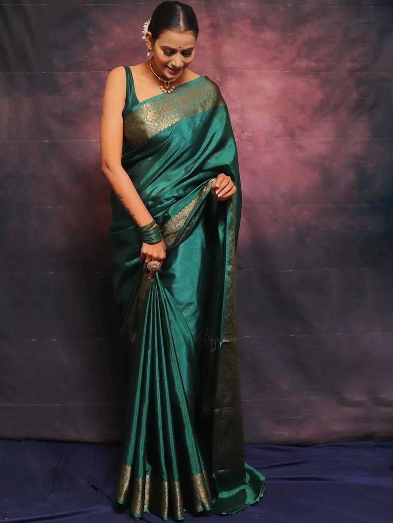 Vivatra Women Banarasi Soft Silk Saree | Jacquard Weaving with Rich Pallu & Border | Includ Matching Utitched Blouse Piece (VT-KP-6009-Green) - Image 4