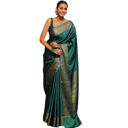 Vivatra Women Banarasi Soft Silk Saree | Jacquard Weaving with Rich Pallu & Border | Includ Matching Utitched Blouse Piece (VT-KP-6009-Green) - Image 1