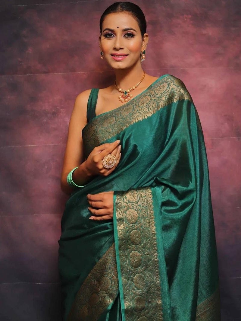 Vivatra Women Banarasi Soft Silk Saree | Jacquard Weaving with Rich Pallu & Border | Includ Matching Utitched Blouse Piece (VT-KP-6009-Green) - Image 5