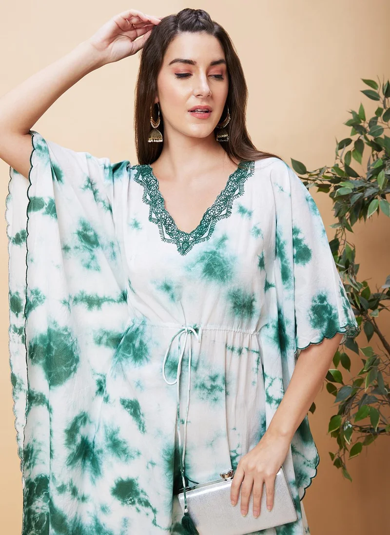 globus Globus Women Tie & Dye V-Neck Kimono Sleeve Cotton Kaftan Kurta