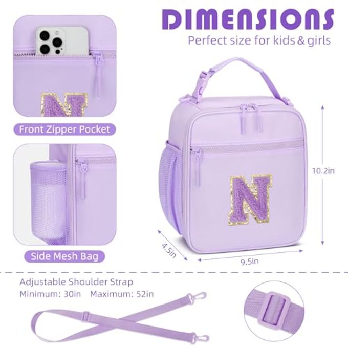 CLOUDWINGS Initial Insulated Lunch Bag For Girls Kids, Back To School Gift, Reusable Leak-Proof Lunch Box With Adjustable Strap For School Daycare Travel Picnic (Purple,N) - Image 3