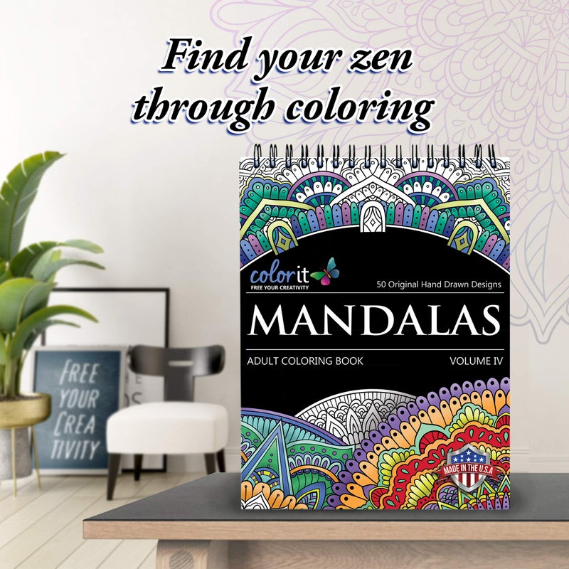 ColorIt Mandalas Volume IV Spiral Bound Adult Coloring Book with 50 Mandala Patterns for Relaxation and Stress Relief - Includes Perforated Pages, Thick Paper, Hardback Covers, and Blotter Page - Image 2