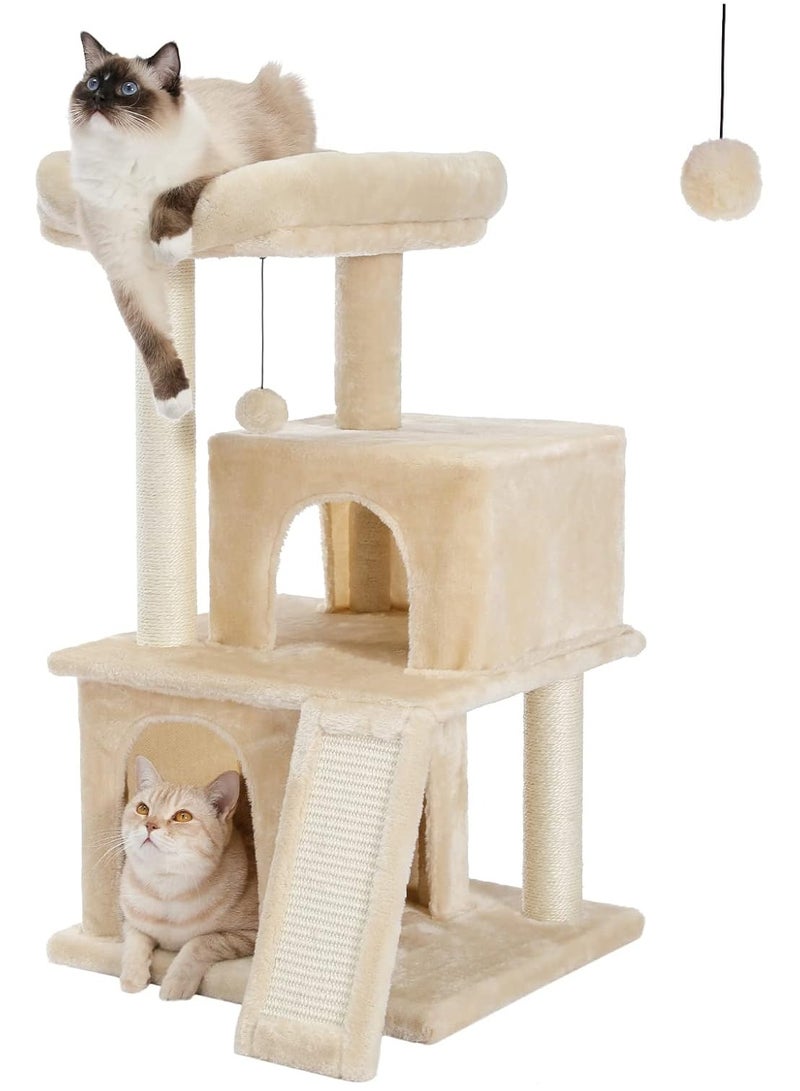 Alissa Cat Tree Luxury Cat Tower with Double Condos Spacious Perch Fully Wrapped Scratching Sisal Posts and Replaceable Dangling Balls Beige 86x48x44.5cm  - Image 1