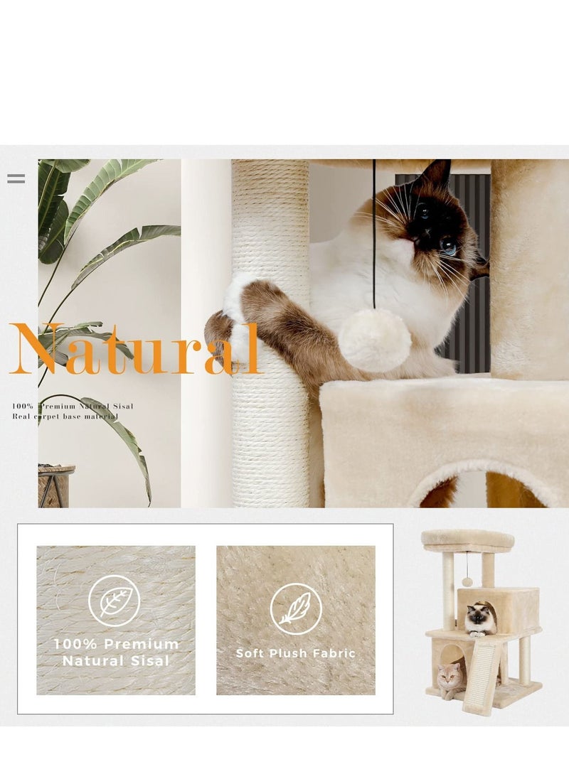 Alissa - Cat Tree Luxury Cat Tower with Double Condos Spacious Perch Fully Wrapped Scratching Sisal Posts and Replaceable Dangling Balls Beige 86x48x44.5cm - Image 1